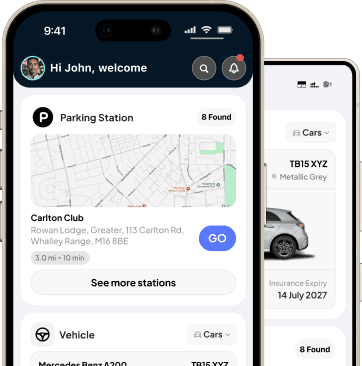 Tracklio showing nearby parking stations alongside a saved vehicle and its insurance expiry date