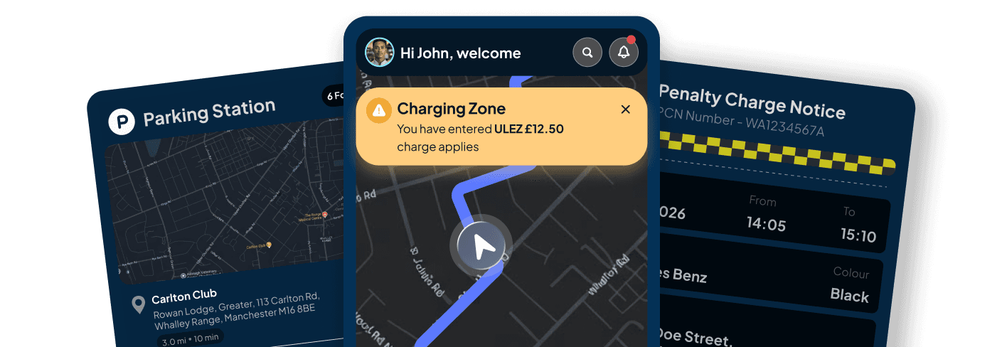 Tracklio app showing a parking station map, a live charging zone alert, and a penalty charge notice