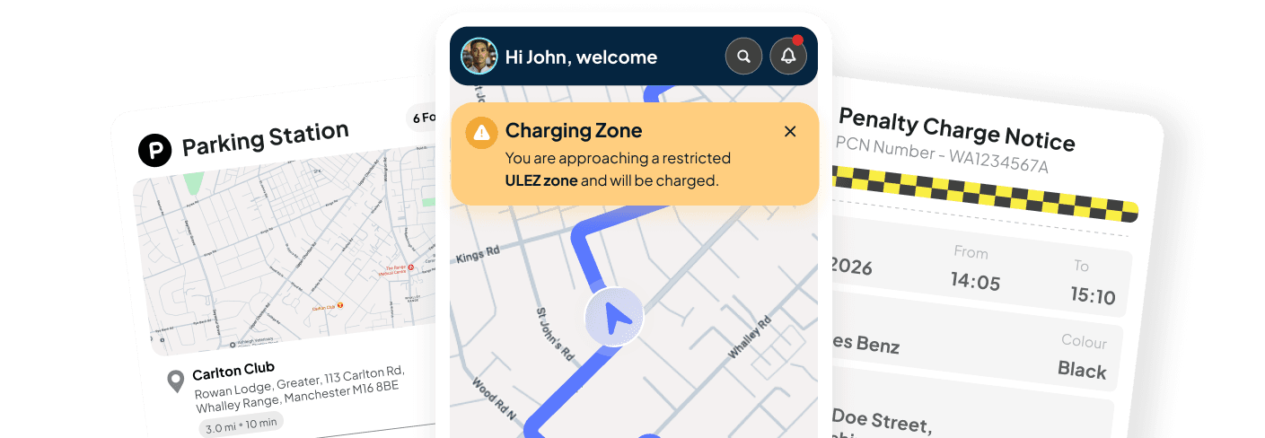 Tracklio app showing a parking station map, a live charging zone alert, and a penalty charge notice