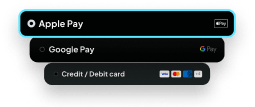 Payment sheet offering Apple Pay, Google Pay, and credit or debit card