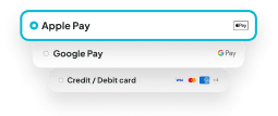 Payment sheet offering Apple Pay, Google Pay, and credit or debit card