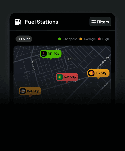 Map of 14 nearby fuel stations tagged with per-litre prices