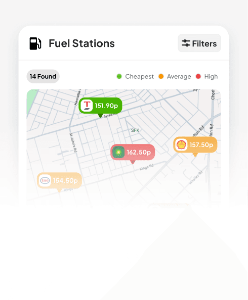 Map of 14 nearby fuel stations tagged with per-litre prices