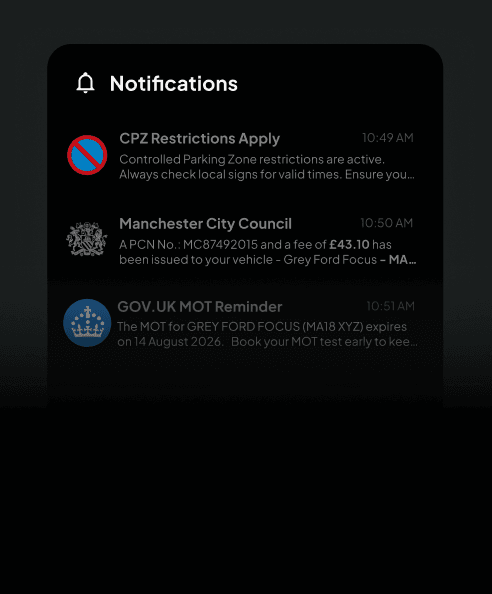 Notifications list showing parking zone restrictions, a penalty charge notice, and an MOT reminder