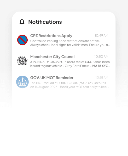 Notifications list showing parking zone restrictions, a penalty charge notice, and an MOT reminder