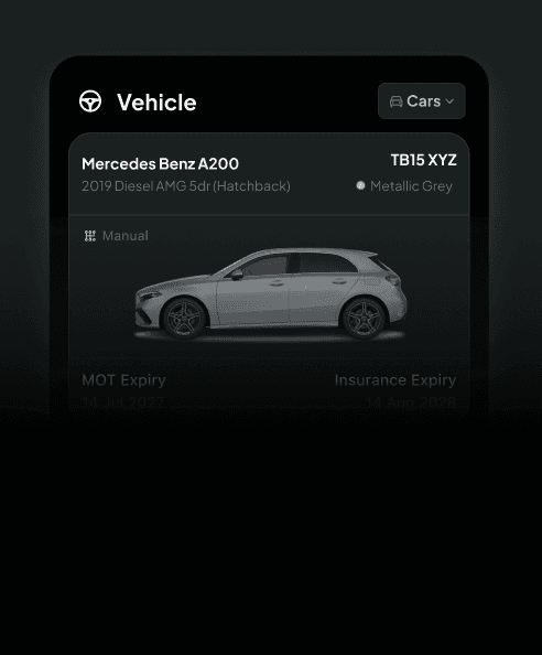 Vehicle list showing a Mercedes Benz A200 with its MOT and insurance expiry dates