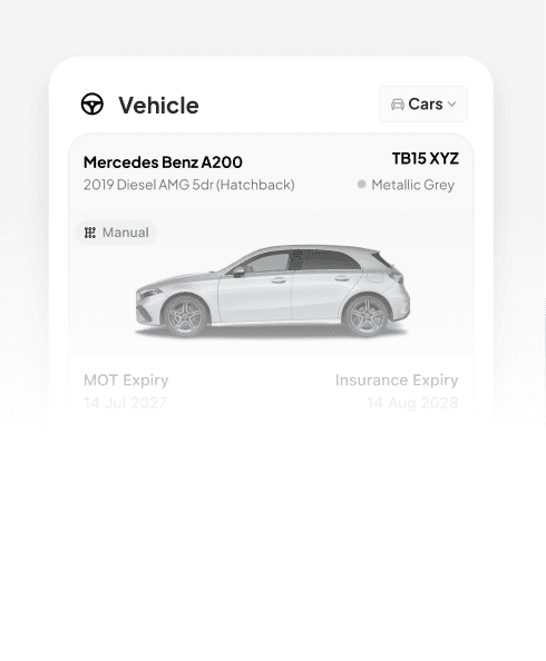 Vehicle list showing a Mercedes Benz A200 with its MOT and insurance expiry dates