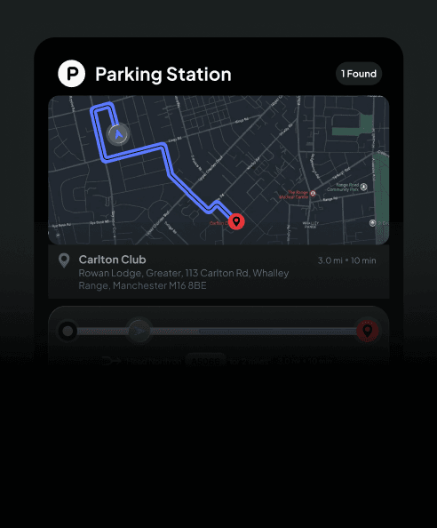 Map showing a route to Carlton Club parking station, 3.0 miles and 10 minutes away