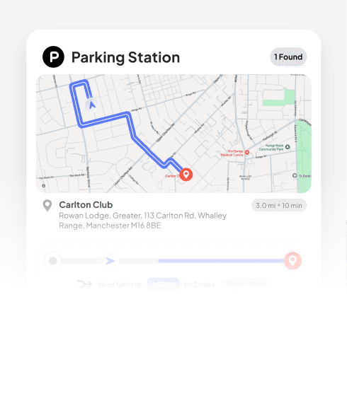 Map showing a route to Carlton Club parking station, 3.0 miles and 10 minutes away