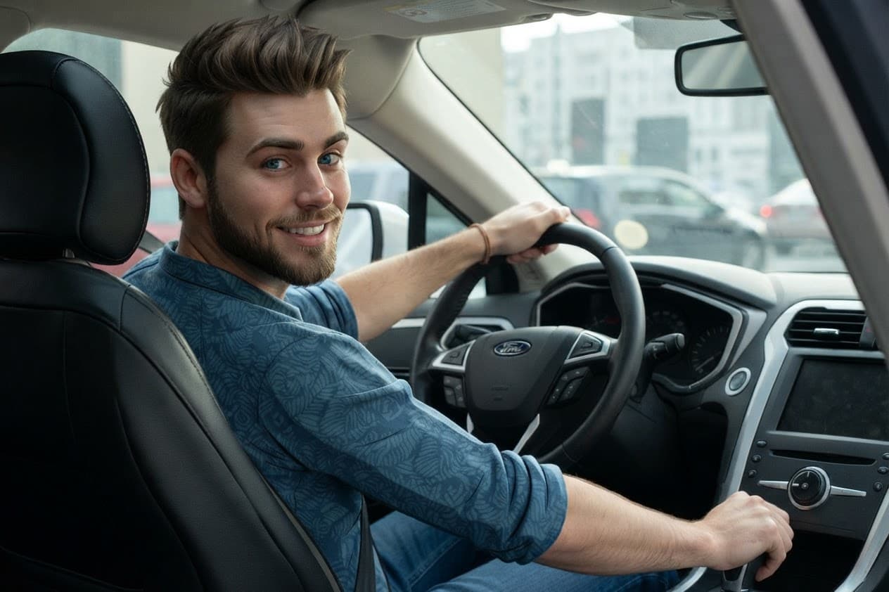 Driver looking over his shoulder from the driver's seat
