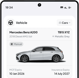 Tracklio on Android showing a Mercedes Benz A200 with its MOT and insurance expiry dates